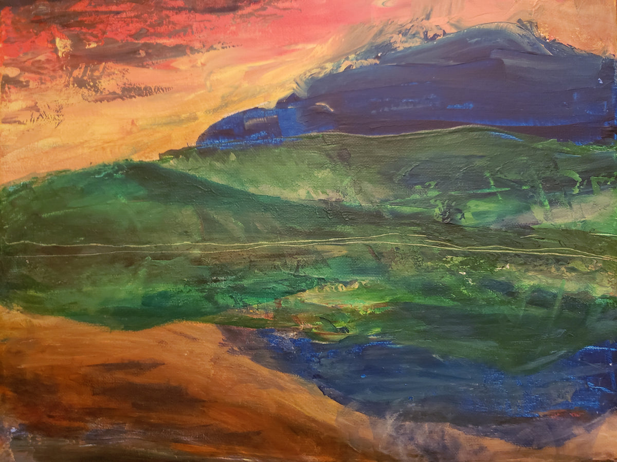 Painting of a mountain top and its reflection in a lake